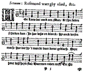 The melody (beginning) of 'Rosemont', from Pieter Pers'  Bellerophon (ed. [1648]), p. 189.